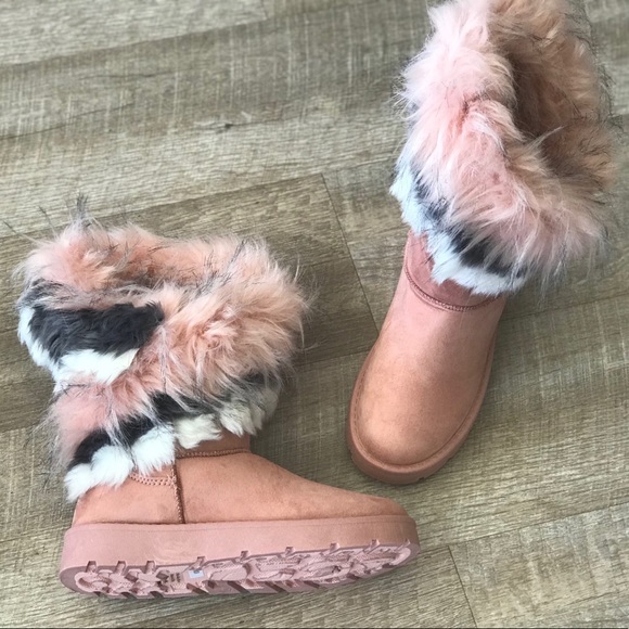 Pink Faux Fur Mid Calf Cozy Winter Flat Boots - Picture 6 of 8